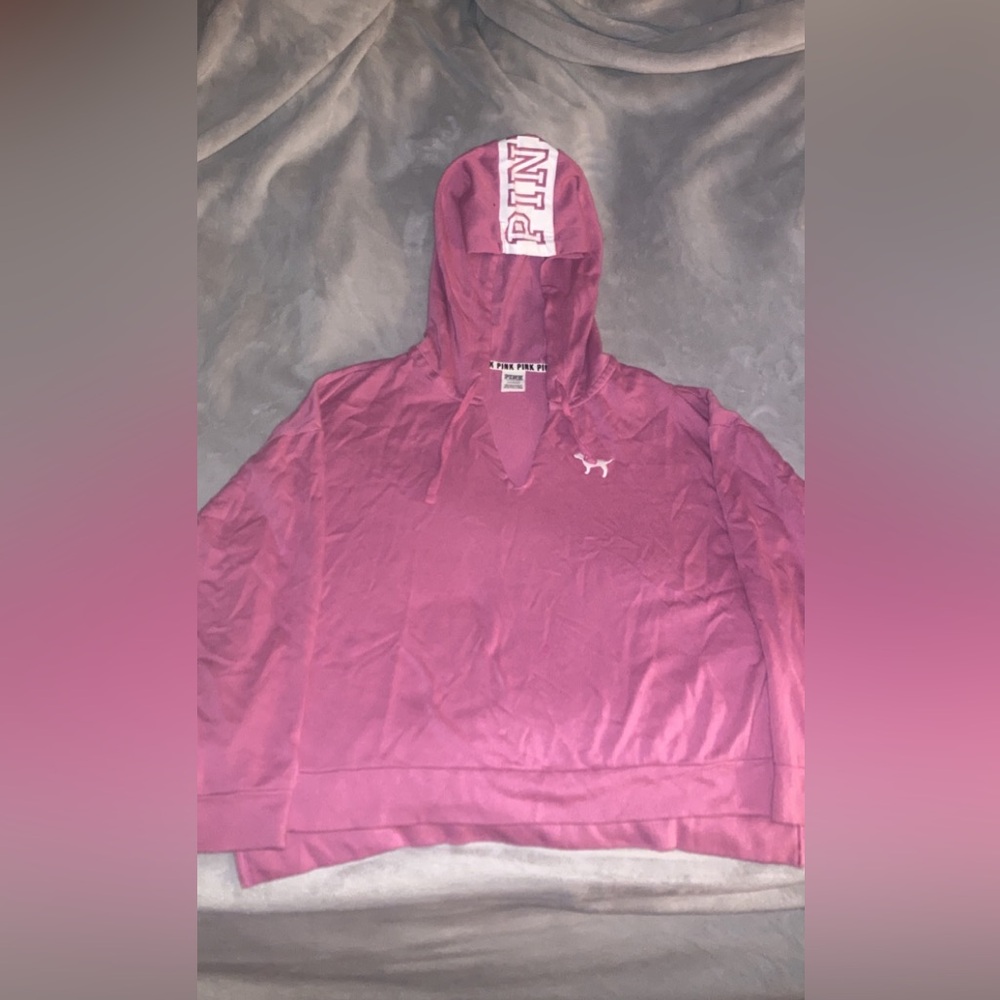 PINK sweatshirt/hoodie, size large, V-cut neckline, hood says “pink nation”